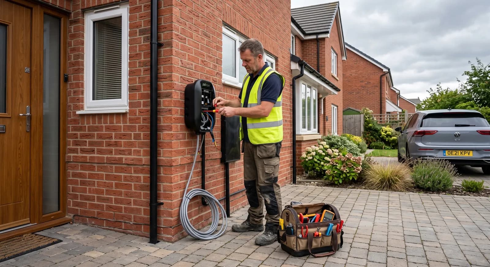 An electrician in a hi-vis vest wiring a black wall-mounted EV charge point on the red-brick corner of a house, with a coiled cable and an open tool bag on the block-paved driveway
