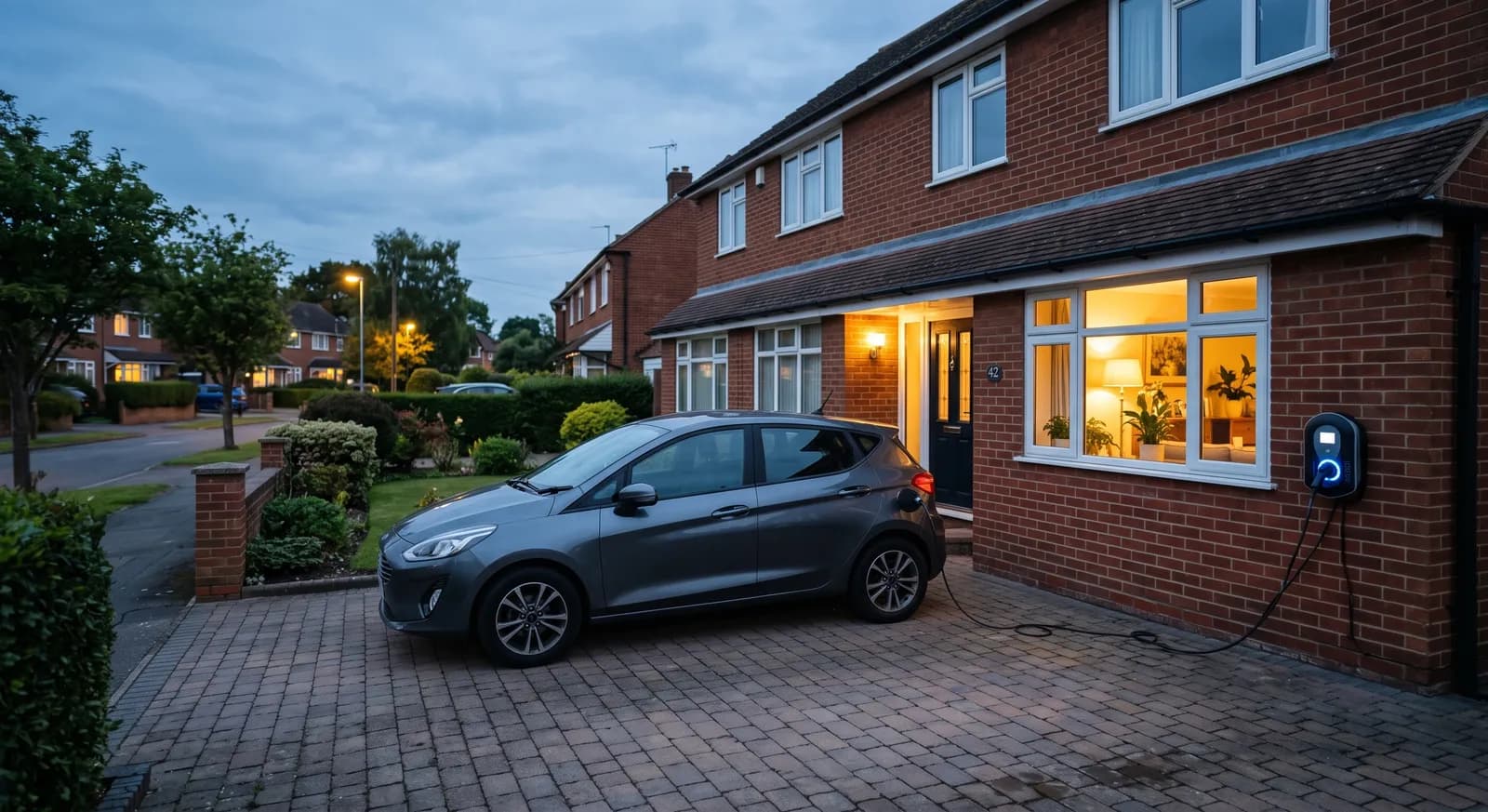 A grey hatchback charging on a block-paved driveway at dusk, its cable running to a wall-mounted charge point on a red-brick house with a lit front window